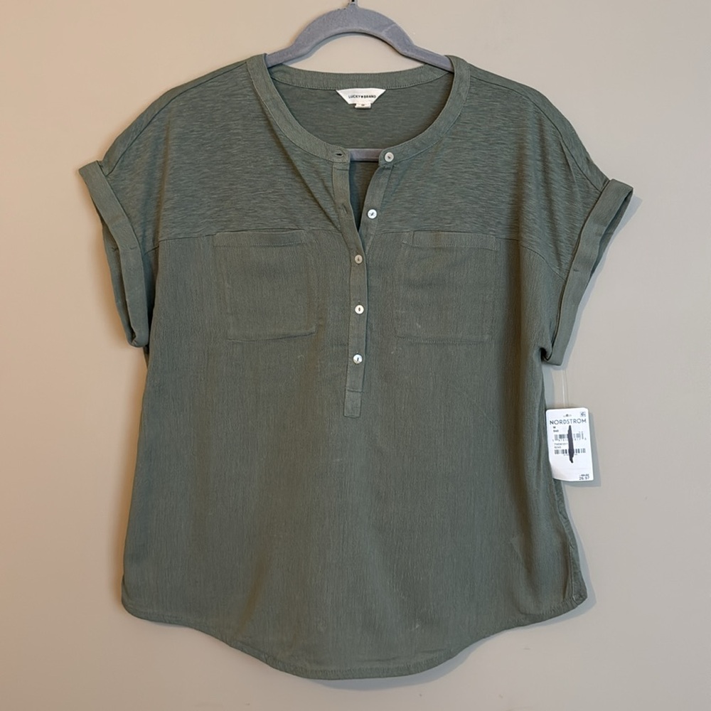 NWT Lucky Brand Mixed Media Short Sleeve Cotton Henley Top, Green, size Medium - Picture 3 of 10